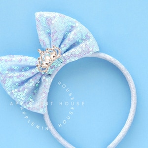 Cinderell Bow Headband, Princess Girl Headband with Crown Charm, Birthday Headband, Pastel Glitter Hair Bow, Kids, Girls, Adults
