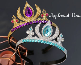 Anna & Ellsa Crown Headband, Birthday Girl Tiara, Glitter Silver or Gold Crown for Cosplay, Halloween Costume Dress up Accessories for Kids