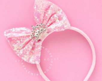 Pink Bow Headband with Crown, Girl Bow Headband, Birthday Hair Bow, Kid Tiara Bow, Princess Headband for All Ages, Glitter Bow Headband
