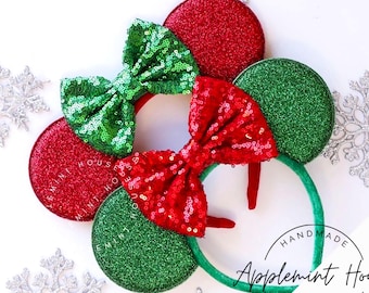 Red & Green Christmas Ears, Mickey Ears, Glitter Minnie ears, Holiday Ears for Adults and Kids, Christmas Gift, Mouse ears headband