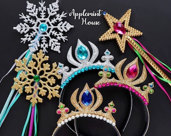Ice queen Sister Crown with Wand, Princess Crown, Birthday Crown, Princess Costume Headband, Glitter Gold Silver Crown