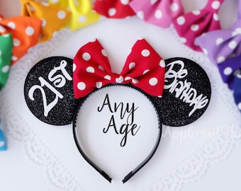 21st Birthday Mickey Ears, Birthday Ears, Mickey Ears, Custom Minnie Ears, White & Red Polka dots Ears, Personalized Mickey ears Headband