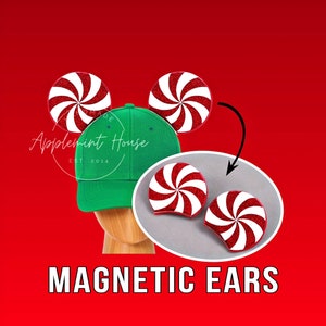 Peppermint Mickey Removable Ears for Hat,  Christmas Magnetic Minnie Ear for Baseball Cap, Interchangeable Mouse Ears for Snapback, Trucker