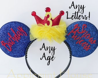 Birthday Ears, Snow White Mickey Ears, Birthday Minnie ears, Snow White Birthday Ears, Princess Birthday Ears, Custom Minnie Ears headband