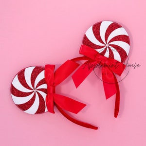 Christmas Peppermint Mickey Ears, Coquette Ribbon Bow Minnie Ear, Holiday Red White Swirl Candy Mouse Ear Headband, Long Tail Doble Bow