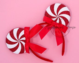Christmas Peppermint Mickey Ears, Coquette Ribbon Bow Minnie Ear, Holiday Red White Swirl Candy Mouse Ear Headband, Long Tail Doble Bow