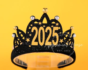 2025 New Year Party Crown, Black Gold Crown, Happy New Year Tiara, Top Hat Design Headband, 2025 New Years Eve Accessories for Kids & Adults