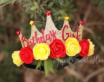 Belle Inspired Birthday Crown | Glitter Gold Princess Headband with Flowers | Custom Birthday Girl Tiara | Personalized Gift for All Ages