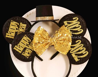 New Years Eve Disney Minnie mouse  Ears, 2022 New Years Party Mickey Hat Ears headband, 2022 Happy New Years Ear Women and Men Disney ears