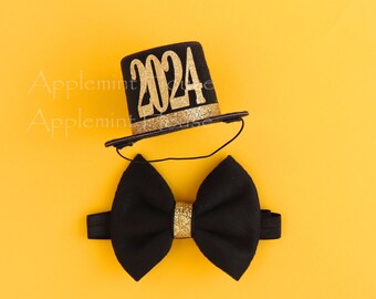 Black Mini Top Hat with Bow Tie, 2025 New Years Photo Prop, New born Photography Prop, Birthday Hair Accessories, Happy New Year Headband