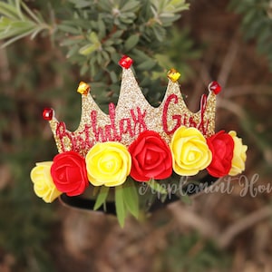 Belle Inspired Birthday Crown | Glitter Gold Princess Headband with Flowers | Custom Birthday Girl Tiara | Personalized Gift for All Ages