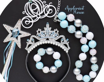 Cinderell Crown Headband, Silver Glitter Princess Birthday Crown, Wand and Necklace, Costume Tiara Crown for Babies, Kids, Adults