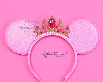 Aurora Mouse Ears, Gold Tiara Minnie Ears, Mickey Ears, Princess Crown Mickey Headband for Girls & Women, Birthday Ears for Babies to Adults