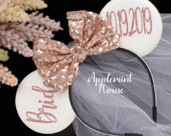 Bride Mouse Ears, Rose Gold & White Minnie Ears, Wedding Headband, Custom Bride Ears, Engagement Mickey Ears, Bridal Shower Gift