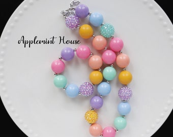 Pastel Rainbow Baby Necklace, Pastel Rainbow Chunky Necklace set, Unicorn bubble gum necklace, First birthday necklace, Unicorn birthday