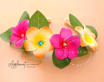 Island Princess Flower Crown, Tropical Plumeria Headband for Girls & Women, Hawaiian Luau Birthday Headpiece, Beach Theme Costume