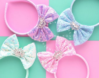 Bow Headband with Crown, Princess Girl Headband, Pastel Sequin Bow with Tiara, Glitter Bow Headband for Kids and Girls, Birthday Gift