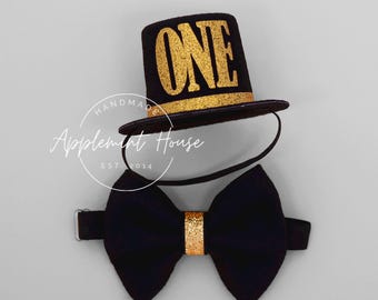 First Birthday Mini Top Hat with Bow Tie, New born Photography Prop, One Birthday Hair Accessories for baby Boys