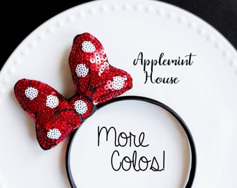 Red Polka dot Minnie Mouse headband, Minnie ears headband, Red bow headband, Minnie bow headband, Mickey bow headband, glitter bow headband