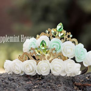 Tiana Crown, Princess Crown, Flower Birthday Crown, Frog Princess Crown, Gold Girl Crown Headband, Girl Headband, Kids Headband