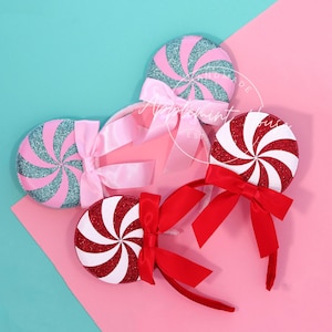 Christmas Peppermint Mickey Ears, Coquette Ribbon Bow Minnie Ear, Swirl Candy Mouse Ear Headband, Holiday Ears, Long Tail Doble Bow Ears