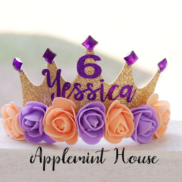 Birthday Crown , Birthday Flowers Crown, Custom Birthday Crown, Personalized Headband, Floral Gold Crown, Birthday Crown with Name and Age
