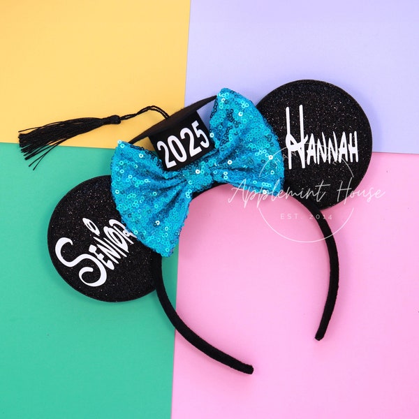 Orejas de graduación de último año, orejas de Mickey personalizadas, orejas de Minnie de la generación de 2025, diadema personalizada con orejas de ratón para graduación, orejas para equipos y grupos.