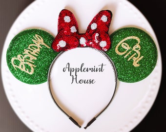 Christmas Minnie ears, Mouse birthday ears, green ears Red polka dot ears, Christmas Mickey ears with custom letters for kids and adult,