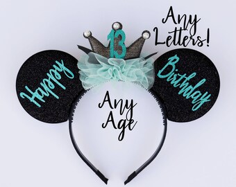 Birthday Minnie Ears,Birthday Ears,Birthday Minnie Mouse Ears,13 birthday Ears, Black and gold birthday ears,Mint Birthday Ears