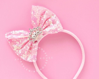 Princess crown headband, birthday, pink bow headband, pink sequin Bow headband, glitter Sequin bow headband, kids, girls, adults