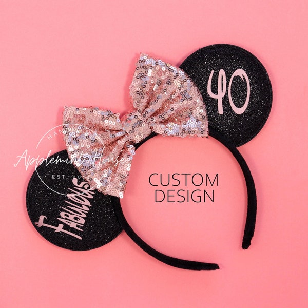 Fabulous 40 Mickey Ear, 40th Birthday Minnie Ears, Custom Design Mouse Ear Headband, Rose Gold & Black, 40th Birthday Gift, Custom Lettering