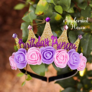 Rapunzer Crown with Flowers, Rapunzer tiara, Custom Birthday Crown, Princess Gold Glitter Crown, Birthday Gifts for Kids, Gifts for Girls