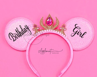 Custom Birthday Princess Ears, Aurora Mickey Ears with Crown, Minnie Ears, Mouse Ears Headband for Girls & Women, Gift for Babies to Adults