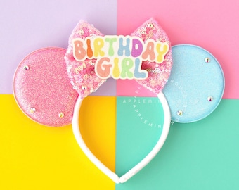 Pastel Tone Birthday Mouse Ears, Mickey Ears, Birthday Girl Minnie Headband for Girls, Birthday Princess Gift , Custom Lettering Ears