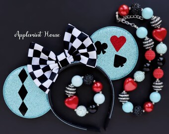 Alice Minnie Ears, Alice Costume Minnie Ears, Mickey Ears, Alice Mouse Ears , Alice Minnie Ears with Necklace