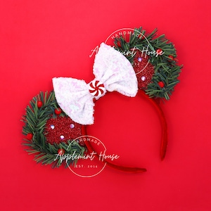 Maus Ohren Weihnachtskranz Stirnband | Urlaub Pfefferminz Süßigkeit Schleife Minnie Ohren | Rot Grün Sparkle Stirnband für Winter Reise