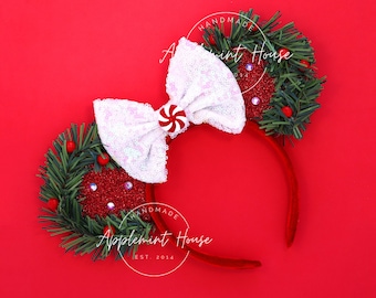 Mouse Ears Christmas Wreath Headband | Holiday Peppermint Candy Bow Minnie Ears | Red Green Sparkle Headband for Winter Trip