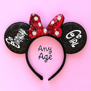 Mouse Ears Birthday Girl Mickey Ears | Custom Minnie Headband with Red Polka Dot Sequin Bow | Accessories for Any Age | Personalized Gift