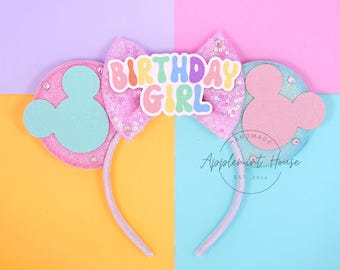 Personalized Birthday Girl Mouse Ears, Custom Mickey Minnie Ears Headband for Kids and Adults