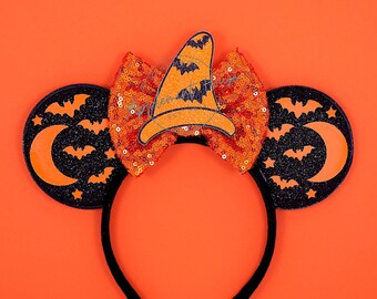Halloween Mickey Ears, Sorcerer Bat Mouse Ears, Minnie Ears Headband, Black & Orange Fantasia Ears Gift for All Ages,  Halloween Ears