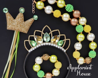 Frog Princess Crown, Princess Crown Birthday Crown, Gold Girl Crown Headband, Princess Headband, Frog Princess wand and Necklaces
