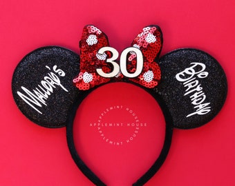 Birthday ears, 30th Birthday Mickey Ears, Custom Mouse ears, Birthday Minnie Ears, Red White Polka dots Mouse ears, Minnie Ears, Mouse Ears