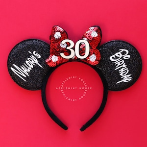 Orejas de cumpleaños, orejas de Mickey para el 30.° cumpleaños, orejas de ratón personalizadas, orejas de Minnie para cumpleaños, orejas de ratón con lunares rojos y blancos, orejas de Minnie, orejas de ratón