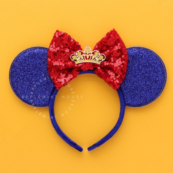 Mickey ears, Snow white Inspired ears, Minnie Ears, Snow white Inspired Mickey ears with Tiara crown, glitter princess Mickey ears headband