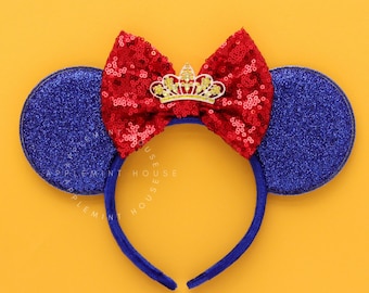 Mickey ears, Snow white Inspired ears, Minnie Ears, Snow white Inspired Mickey ears with Tiara crown, glitter princess Mickey ears headband
