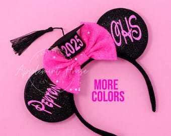 Senior Mouse Ears, Class of 2025 Mickey Ears, Graduation Hat Minnie Ears, Hot Pink & Black Ears Headband, Custom Design Grad Gift for her