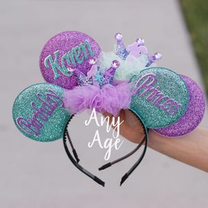 Mermaid Birthday Crown Ears, Mickey ears, Minnie Ears, Purple and Mint Mouse Ears Elastic Headband, Gift for Babies, Kids, Girls and Adults