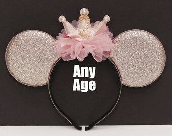 Birthday Rose Pink Party crown ears, Mickey ears, Birthday ears, Rose gold crown Minnie ears, Birthday  ears, Custom Birthday ears headband