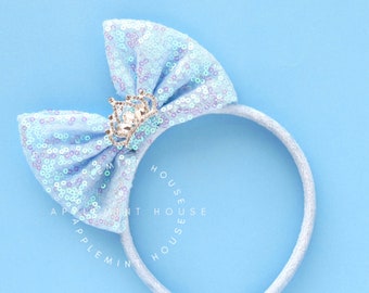 Cinderell Bow Headband, Princess Girl Headband with Crown Charm, Birthday Headband, Pastel Glitter Hair Bow, Kids, Girls, Adults