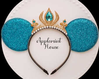 Jasmin Minnie Ears, Princess Crown Mickey Ears, Jasmin costume Ears with Gold Crown, Character Headband, Birthday Gift for Kids and Adults